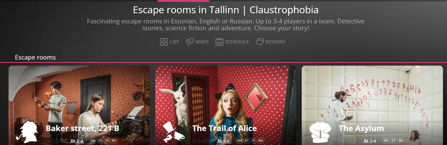Claustrophobia escape rooms home page