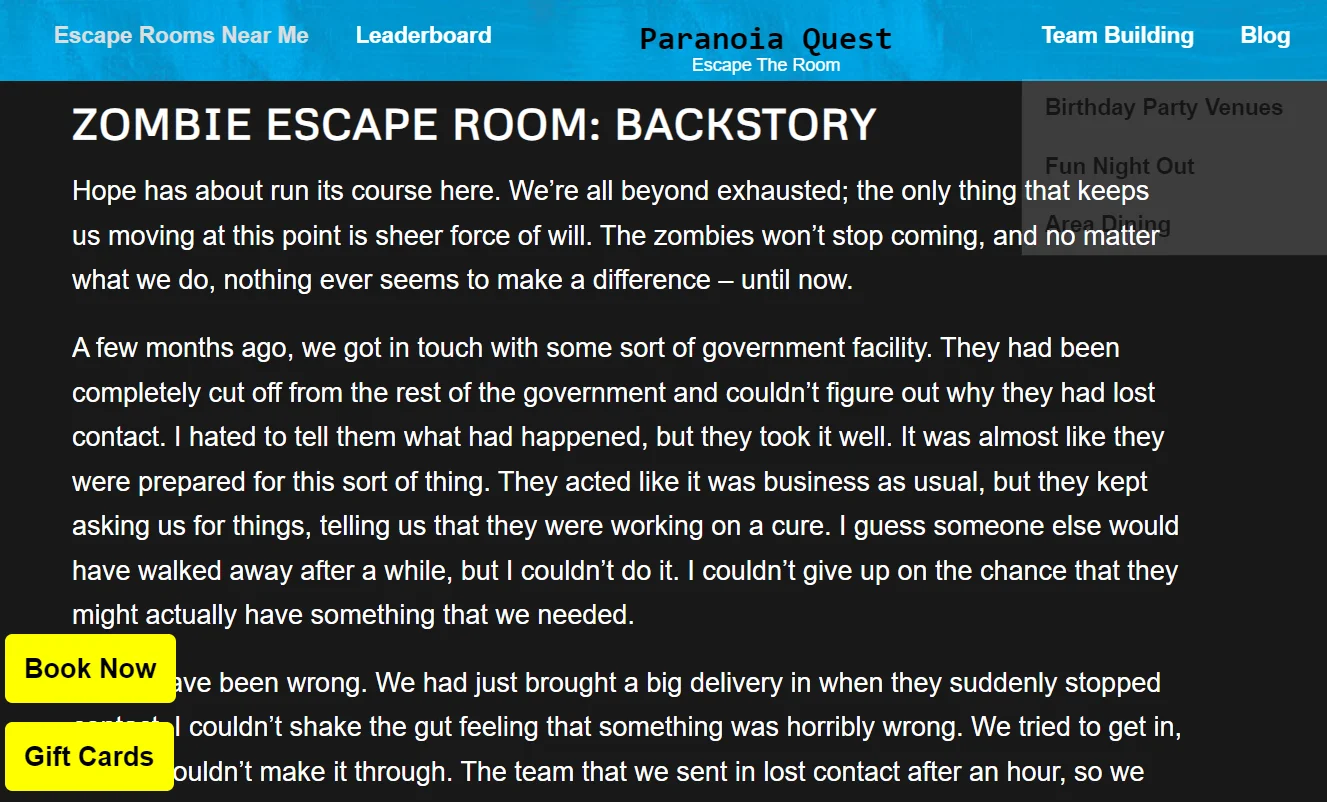 Paranoia escape room home page